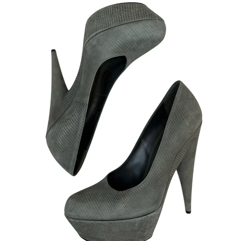 Yves Saint Laurent YSL Grey Suede Lizard Textured Platform Stiletto Pump Sz 37.5